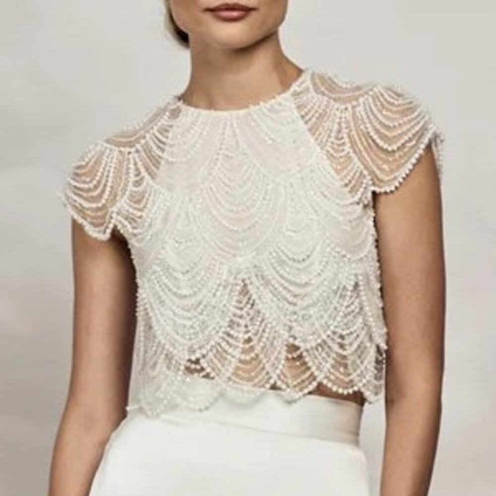 Catherine Deane Monique Pearl Beaded Tulle Bridal Top Ivory US 10 NWT Romantic